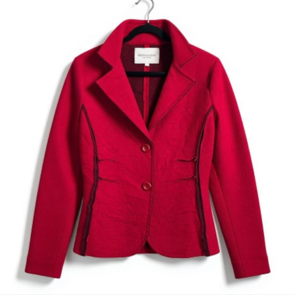 Marisa & Marie Red Wool-Blend Blazer w/ Notched Lapel and Structured Silhouette